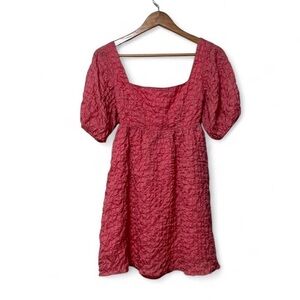 Sabo Skirt Vellona Pink Bubble Textured Babydoll Mini Puff Sleeve Square Neck